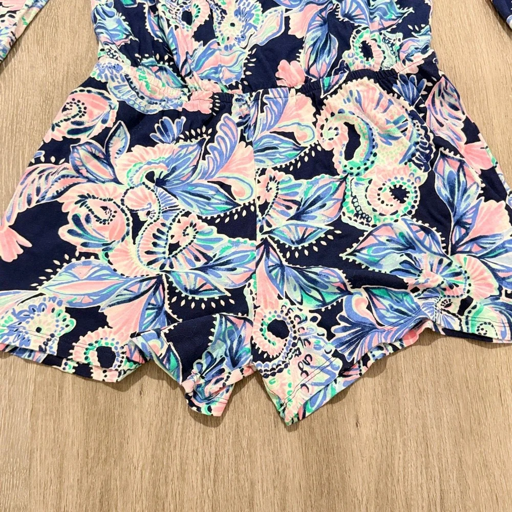 Lilly Pulitzer Girls XXL 16 Romper Navy Pink Floral Paisley Ruffle Off Shoulder